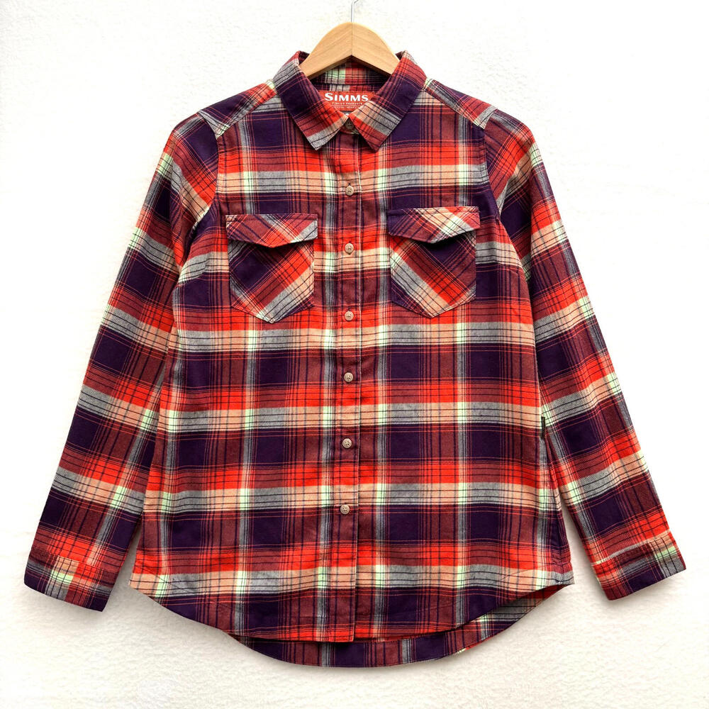 Simms Women's Small Red Plaid Fishing Button Up Flannel Lightweight Shirt